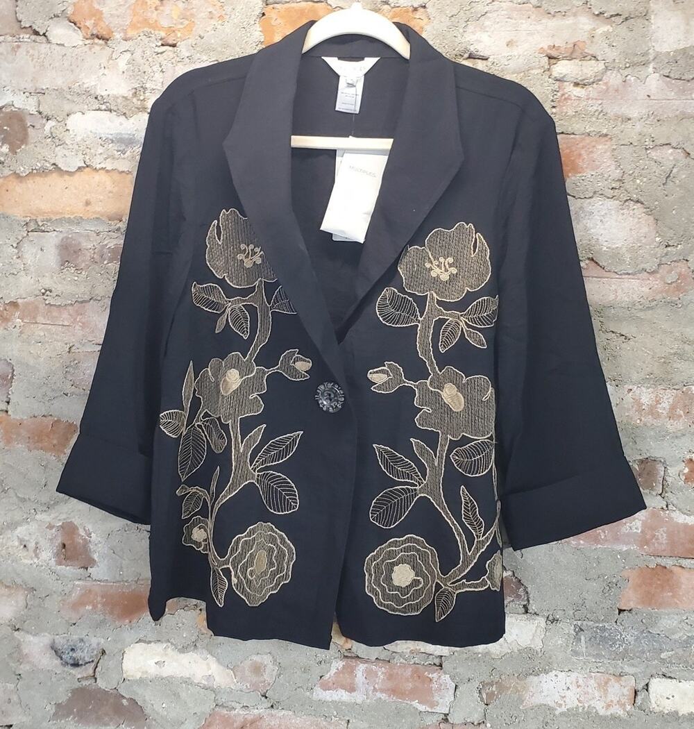 MULTIPLES Womens Blazer PL Black Gold Embroidered Floral 3/4 Sleeve NWT